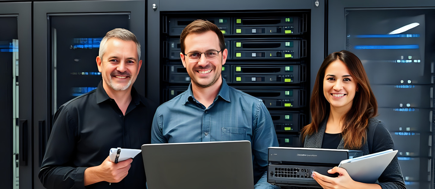 Three happy IT Professionals at work in the data center